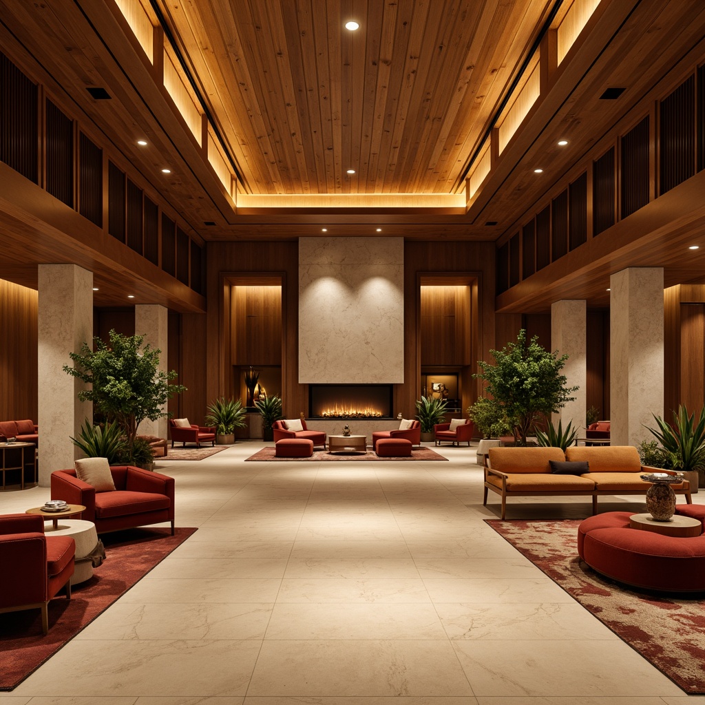 Prompt: Warm inviting hotel lobby, rich wood accents, plush velvet furniture, golden lighting fixtures, soft beige marble floors, warm earthy tones, cozy fireplaces, lush greenery, natural stone walls, modern minimalist decor, calming ambiance, soft warm glow, shallow depth of field, 3/4 composition, realistic textures, ambient occlusion.