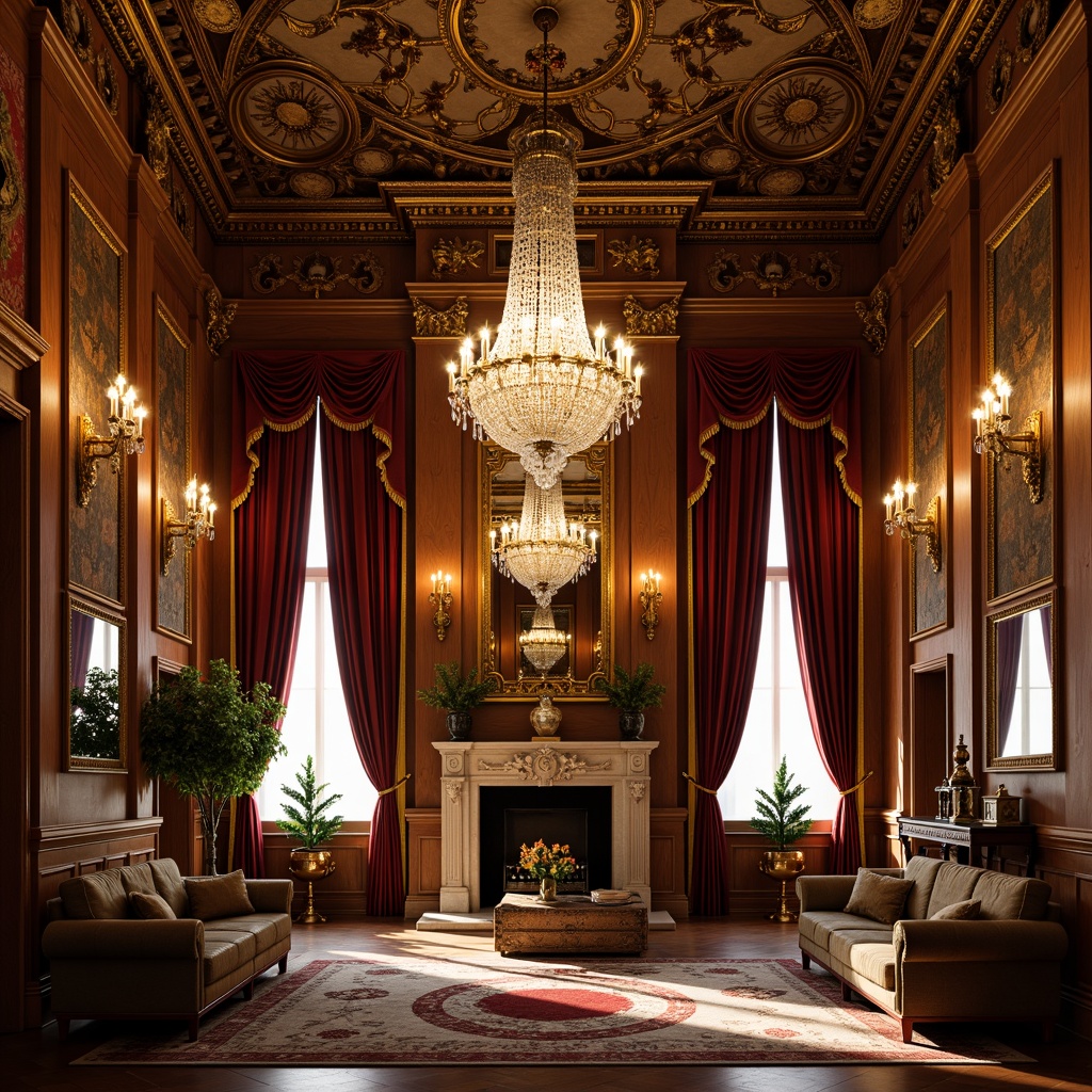 Prompt: Ornate chandeliers, crystal droplets, golden metalwork, intricate carvings, luxurious fabrics, velvet drapes, rich wood tones, ornamental mirrors, bronze accents, lavish furnishings, grandiose architecture, high ceilings, dramatic lighting, warm ambient glow, soft shadows, 1/1 composition, symmetrical framing, realistic reflections, detailed textures.