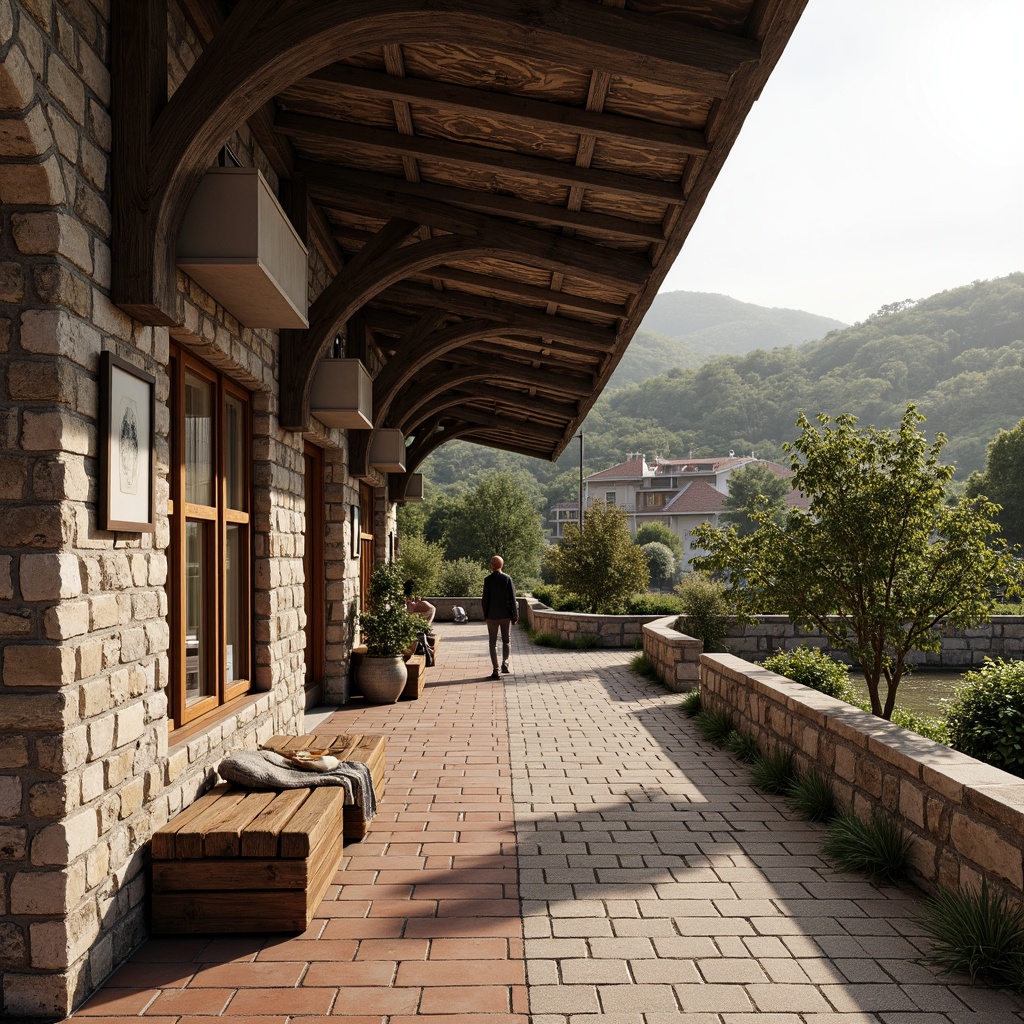 Prompt: Rustic bus station, natural stone walls, wooden roofing, earthy tones, traditional architecture, rural landscape, rolling hills, surrounding trees, curved lines, ornate details, warm lighting, cozy atmosphere, natural ventilation, local materials, rough-hewn wood, weathered metal, ceramic tiles, earthy colors, organic shapes, blending with surroundings, 3/4 composition, realistic textures, ambient occlusion.