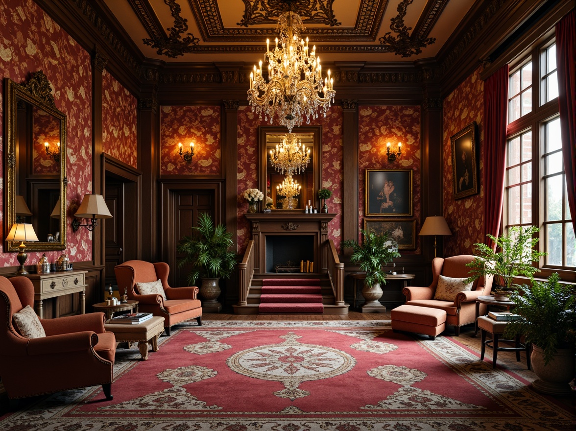 Prompt: Richly ornamented Victorian mansion, opulent furnishings, luxurious velvet fabrics, intricately patterned wallpapers, warm golden lighting, lavish chandeliers, ornate wooden paneling, distressed leather armchairs, vintage floral patterns, muted earthy tones, deep crimson reds, rich emerald greens, soft blush pinks, creamy ivory whites, subtle bronze metallic accents, intricate moldings, heavy drapery, dramatic high ceilings, grand staircases, ornate mirrors, lavish crystal chandeliers, warm candlelit ambiance, soft focus photography, 1/2 composition, atmospheric perspective.