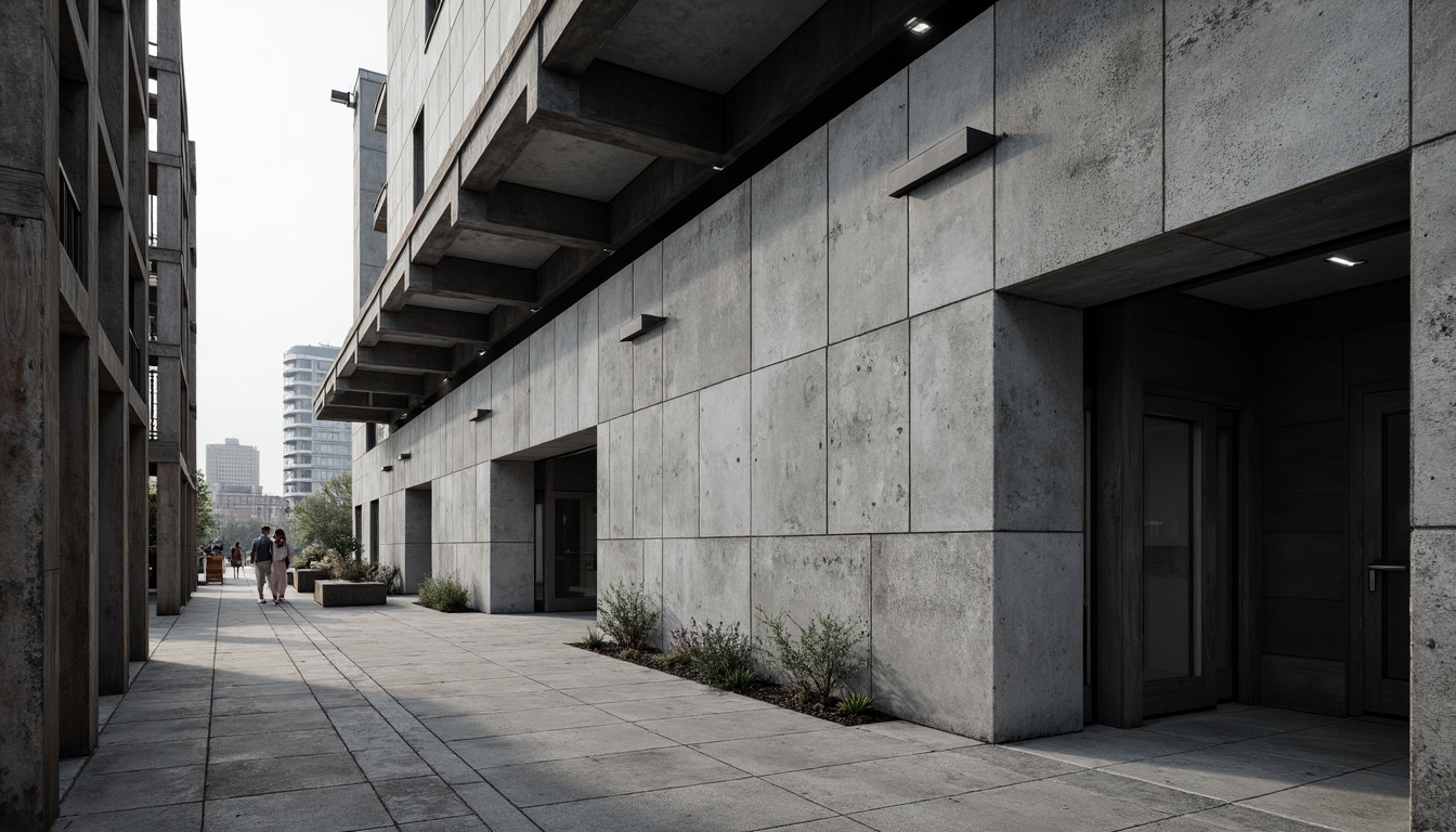 Prompt: Exposed concrete walls, rugged textures, industrial metal accents, bold monochromatic color scheme, stark contrast, dramatic shadows, brutalist architecture, functional minimalism, raw unfinished surfaces, urban cityscape, overcast skies, diffused natural light, high-contrast lighting, sharp geometric forms, monumental scale, abstract sculptures, weathered steel beams, distressed wood elements, urban grittiness, cinematic atmosphere.