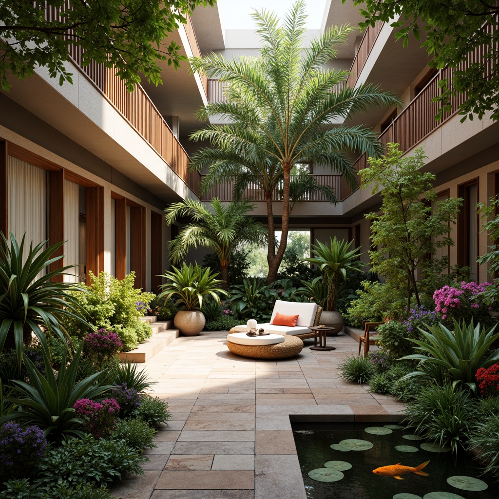 Prompt: Lush tropical plants, natural stone floors, wooden accents, warm lighting, high ceilings, large windows, sliding glass doors, open atriums, water features, koi ponds, palm trees, vibrant colorful flowers, exotic foliage, rattan furniture, woven textiles, earthy tone colors, organic shapes, curved lines, airy atmosphere, soft diffused light, 1/2 composition, shallow depth of field, realistic textures, ambient occlusion.