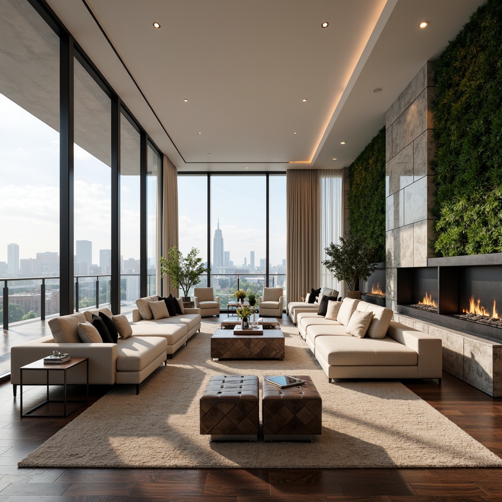 Prompt: Luxurious penthouse, high-rise living, city skyline views, floor-to-ceiling windows, sleek hardwood floors, modern minimalist decor, neutral color palette, plush area rugs, comfortable sectional sofas, tufted leather armchairs, polished chrome accents, geometric-patterned ottomans, industrial-chic coffee tables, verdant green walls, natural stone fireplaces, ambient soft lighting, 1/1 composition, shallow depth of field, realistic textures.