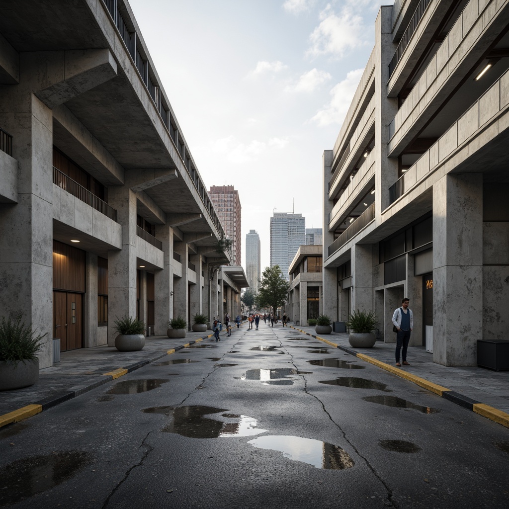 Prompt: Raw concrete walls, exposed ductwork, industrial pipes, metal beams, brutalist architecture, fortress-like buildings, rugged stone fa\u00e7ades, geometric shapes, angular lines, minimalist ornamentation, functional simplicity, urban landscapes, city skylines, dramatic lighting, high contrast shadows, strong textures, 1/1 composition, symmetrical framing, bold color accents, monochromatic tones.