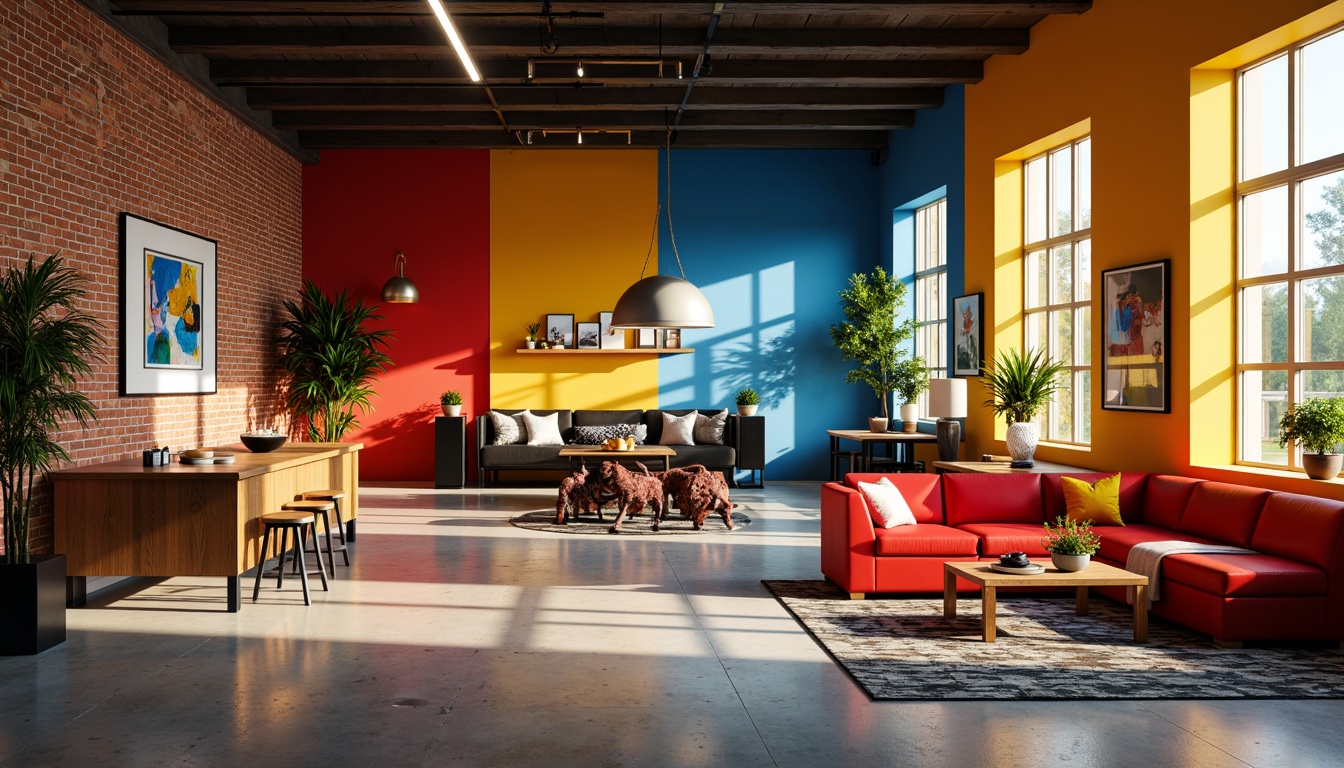 Prompt: Vibrant Bauhaus interior, bold primary colors, bright red accents, deep blue hues, yellow ochre tones, geometric patterns, clean lines, minimal ornamentation, industrial materials, exposed brick walls, polished metal fixtures, sleek wooden furniture, functional decor, abstract artwork, graphic textiles, warm natural lighting, soft shadows, shallow depth of field, 1/1 composition, realistic render.