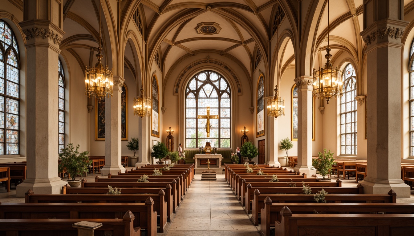 Prompt: Elegant church interior, warm beige walls, rich wood tones, ornate chandeliers, stained glass windows, soft cream accents, subtle gold details, luxurious velvet fabrics, intricate stone carvings, dramatic vaulted ceilings, serene natural lighting, warm candlelight, intimate seating areas, decorative religious symbols, classic architectural styles, harmonious earthy color palette, soothing atmosphere, 3/4 composition, shallow depth of field, realistic textures.