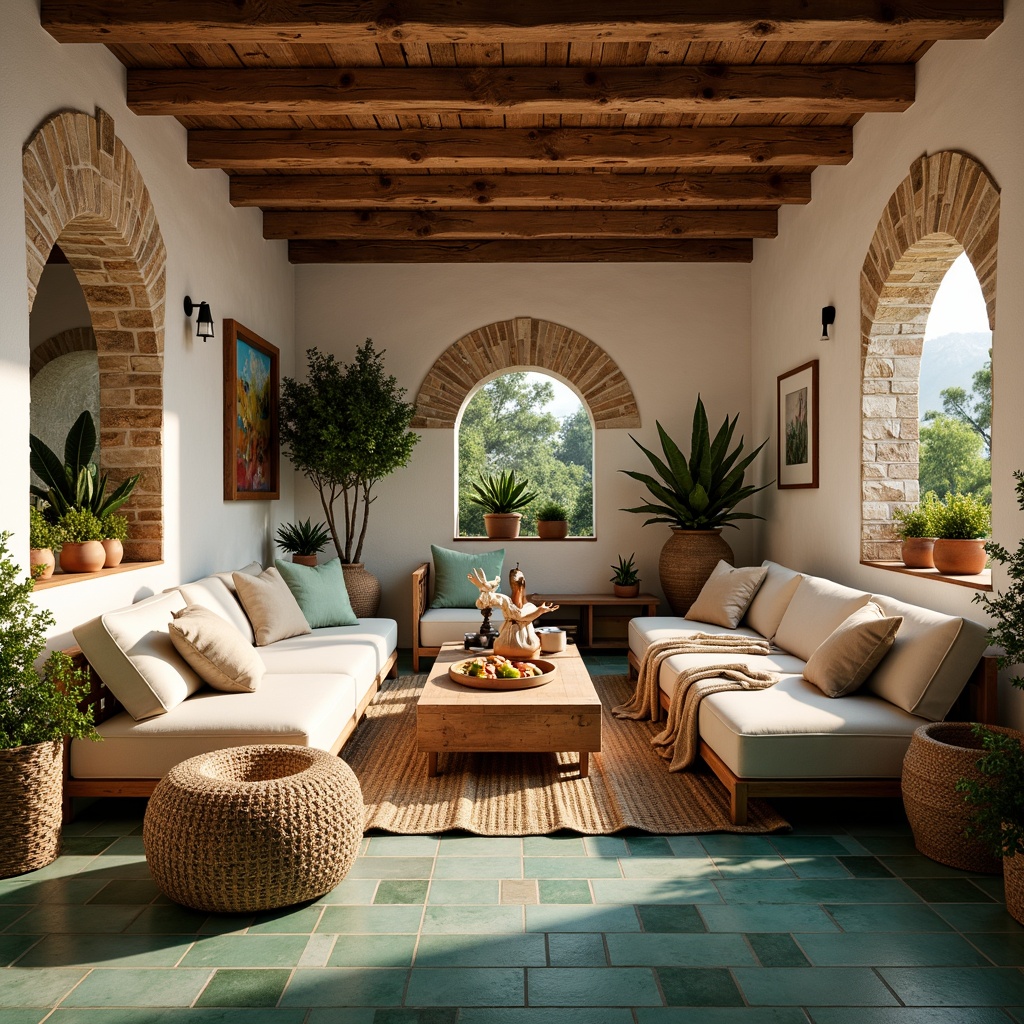 Prompt: Cozy family room, warm Mediterranean colors, natural stone walls, rustic wooden beams, plush sectional sofas, woven jute rugs, vibrant turquoise accents, Moroccan-inspired tiles, lush greenery, potted plants, soft golden lighting, shallow depth of field, 1/1 composition, intimate atmosphere, textured fabrics, linen upholstery, cable-knit throw blankets, chunky wood coffee tables, woven baskets, distressed leather armchairs.