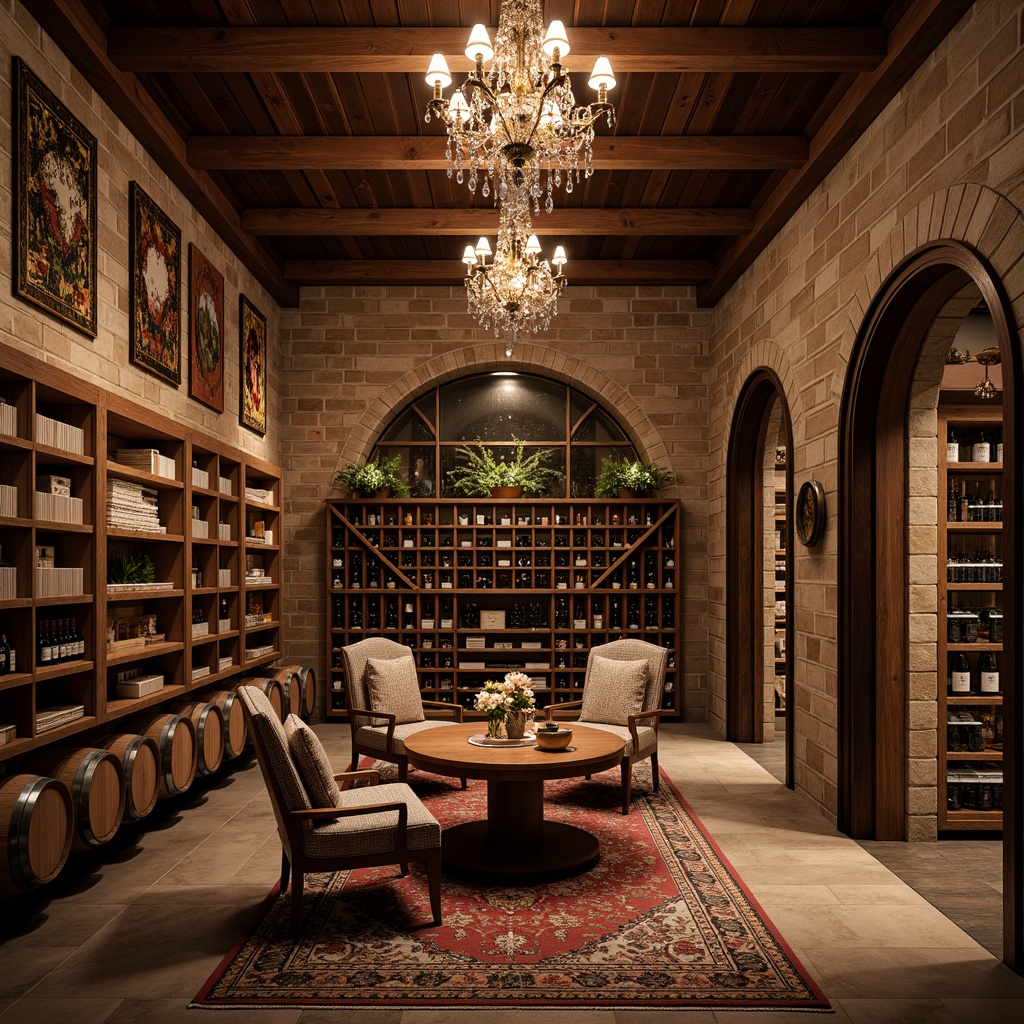 Prompt: Luxurious wine cellar, rich wood tones, ornate metalwork, crystal chandeliers, dimmable warm lighting, stone walls, rustic brick arches, wooden barrel heads, vintage wine barrels, decorative tapestries, plush area rugs, intimate seating areas, ambient soft music, earthy scent of oak, aged wine bottles, elegant glassware, sophisticated storage systems, humidity-controlled environment, subtle LED lighting, dramatic ceiling heights.