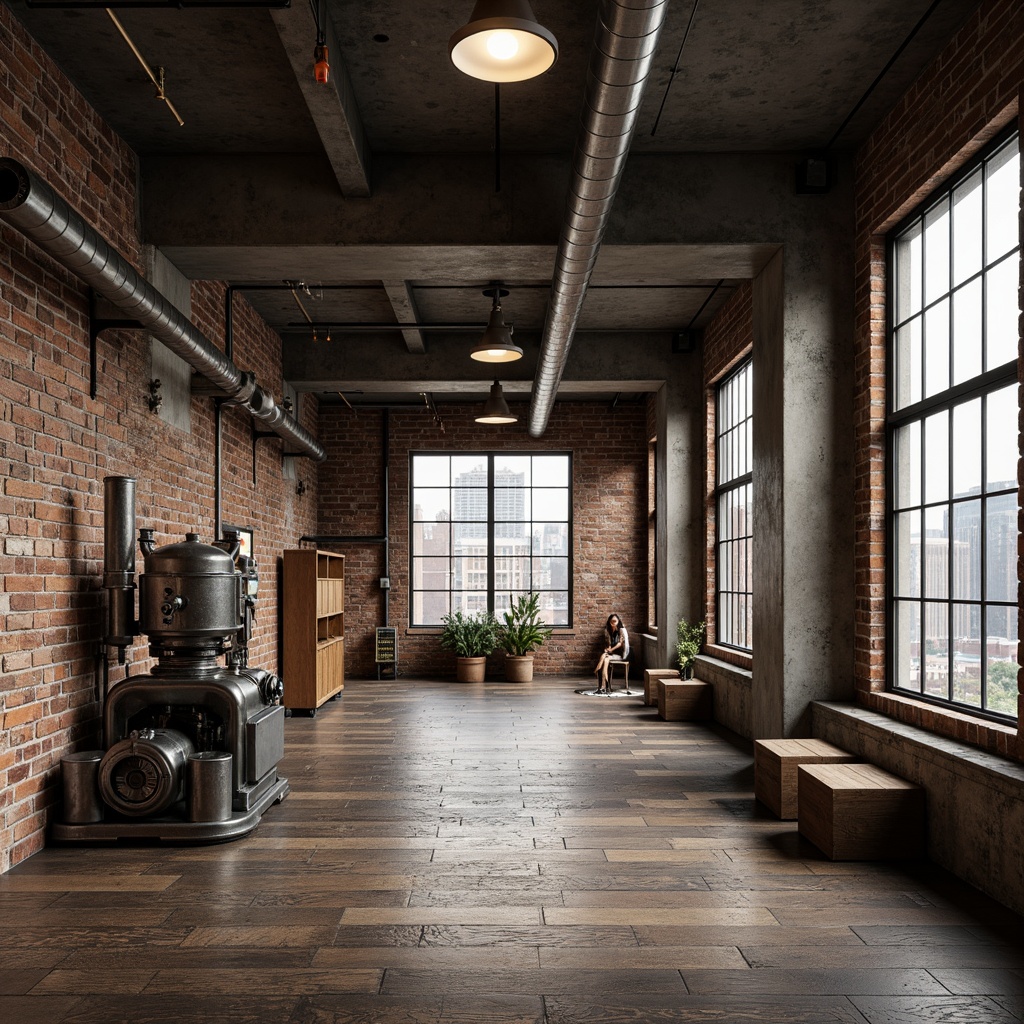 Prompt: Exposed brick walls, metal beams, reclaimed wood floors, industrial lighting fixtures, concrete columns, urban cityscape, gritty textured surfaces, distressed finishes, mechanical machinery parts, vintage manufacturing equipment, functional pipes, metallic color palette, raw unfinished aesthetic, minimalist decor, functional storage solutions, open floor plan, natural light pouring in, shallow depth of field, 3/4 composition, realistic textures, ambient occlusion.