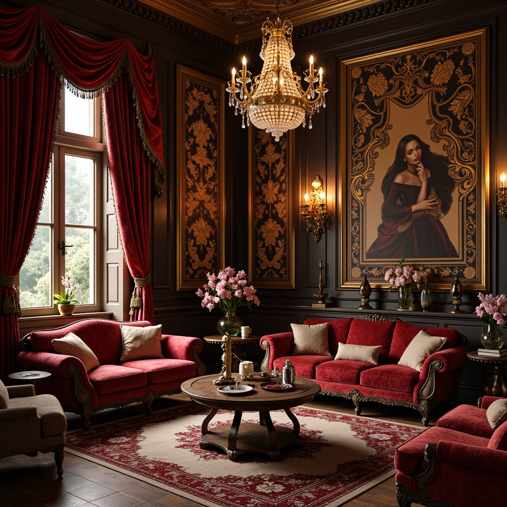 Prompt: Luxurious velvet fabrics, intricate floral patterns, rich jewel-toned colors, ornate furnishings, carved wooden accents, heavy drapery, tassel trimmings, plush upholstery, vintage lace details, elaborate tapestries, opulent damask prints, golden gilded frames, crystal chandeliers, soft warm candlelight, 1/1 composition, shallow depth of field, realistic textures, ambient occlusion.