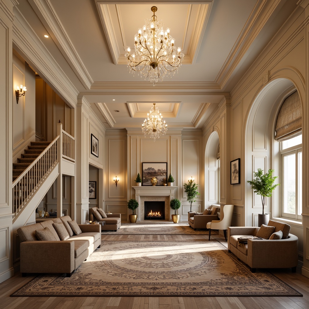 Prompt: Elegant classical interior, ornate moldings, refined wood paneling, neutral beige tones, crystal chandeliers, plush velvet furniture, intricately patterned rugs, grandiose staircases, decorative archways, symmetrical compositions, subtle warm lighting, soft focus, 1/1 composition, realistic textures, ambient occlusion.