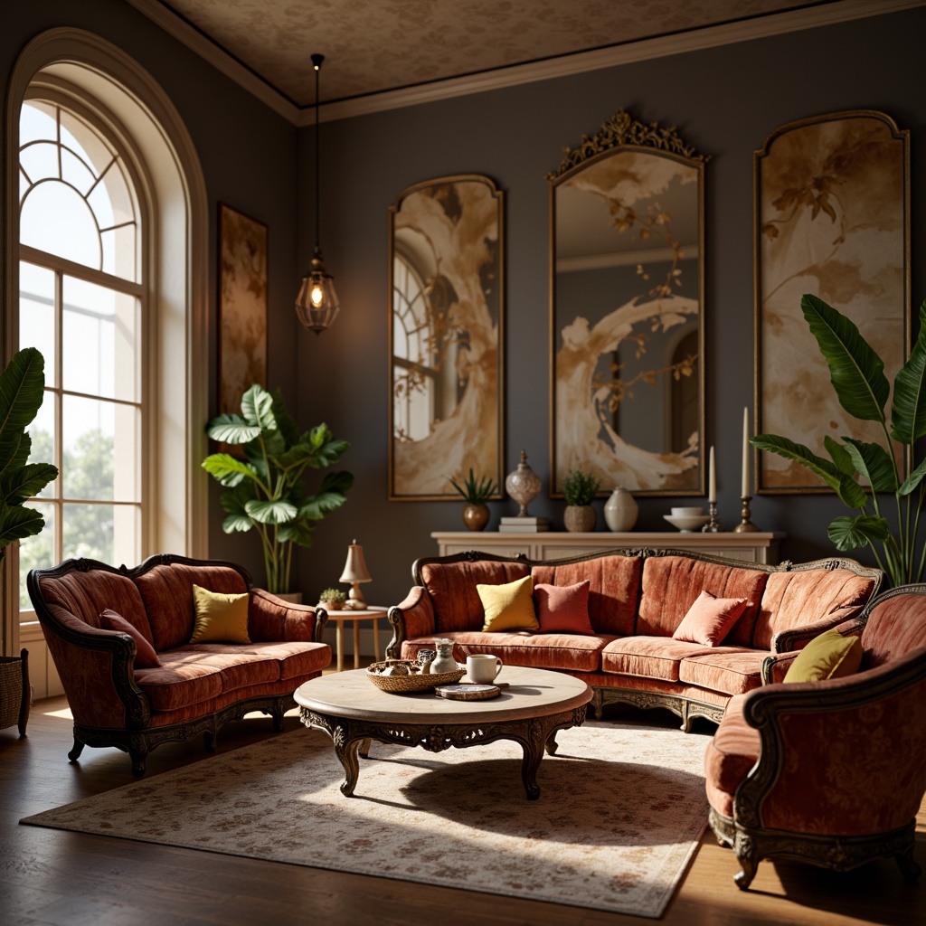 Prompt: Ornate furniture pieces, sinuous curves, organic forms, flowing lines, botanical motifs, luxurious fabrics, velvet upholstery, carved wooden accents, intricate metalwork, ornamental mirrors, stained glass inlays, natural materials, earthy color palette, warm golden lighting, soft focus, shallow depth of field, 2/3 composition, artistic camera angle, realistic renderings.