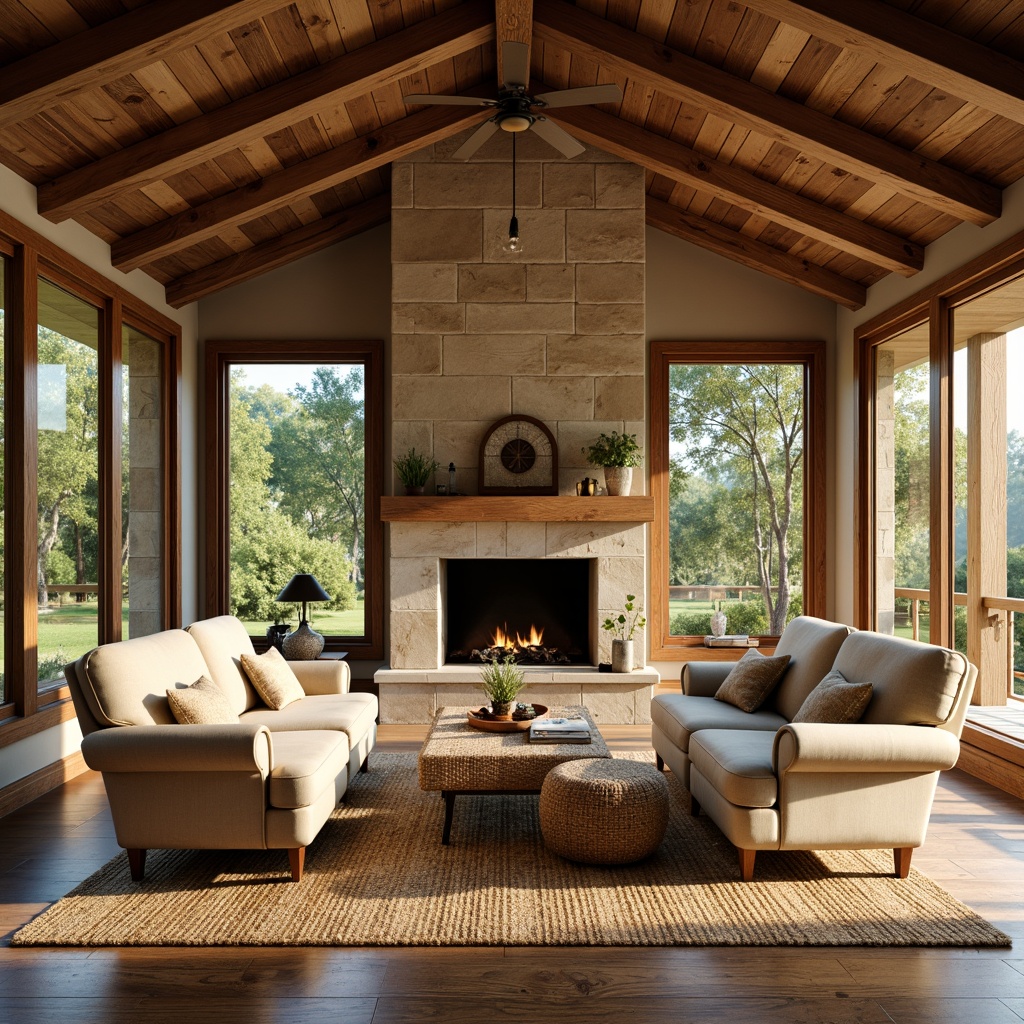 Prompt: Cozy sunroom, rustic wooden beams, stone fireplace, plush armchairs, vintage ottomans, woven wicker furniture, natural jute rugs, earthy color palette, warm golden lighting, soft creamy textures, lush greenery views, sliding glass doors, panoramic windows, 3/4 composition, shallow depth of field, realistic wood grains, ambient occlusion.