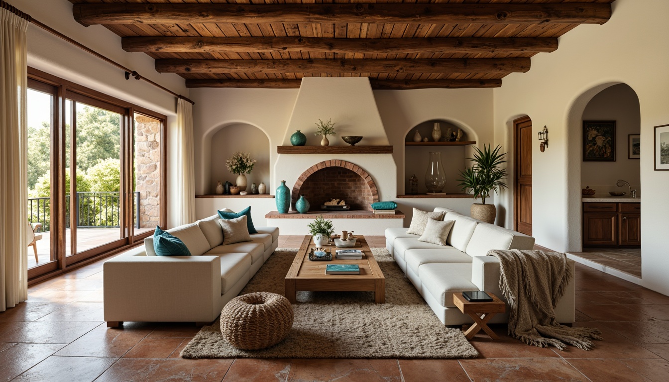 Prompt: Warm Mediterranean family room, earthy terracotta floors, soft beige walls, creamy white furniture, rich walnut wood accents, vibrant turquoise decorative accessories, lush greenery, natural stone fireplaces, cozy plush throw blankets, ambient warm lighting, shallow depth of field, 3/4 composition, intimate atmosphere, rustic charm, relaxed seating areas.