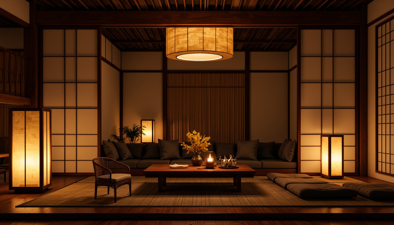 Prompt: Warm lanterns, soft glowing lights, paper lampshades, natural fiber textiles, woven bamboo furniture, dark wood accents, traditional Japanese sliding doors, shoji screens, rice paper walls, minimal ornamentation, subtle color palette, earthy tones, natural materials, floor cushions, low seating, intimate ambiance, warm cozy atmosphere, gentle shadows, soft focus, 1/1 composition, realistic textures, ambient occlusion.