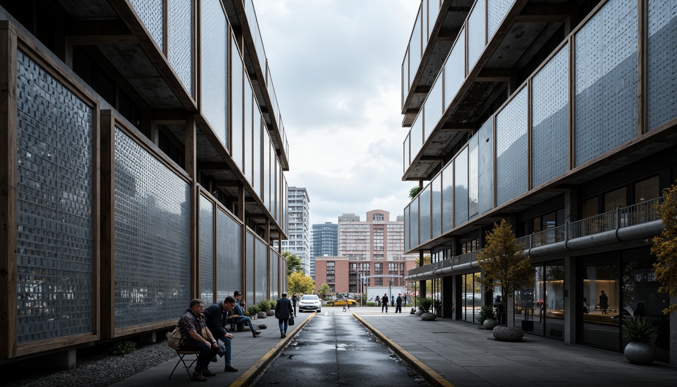 Prompt: Industrial backdrop, perforated metal sheets, metallic latticework, airy feel, natural ventilation, filtered sunlight, urban aesthetic, modern architecture, brutalist design, functional materials, durable textures, weathered finishes, industrial chic, cityscape views, cloudy skies, soft diffused lighting, shallow depth of field, 1/1 composition, realistic reflections.