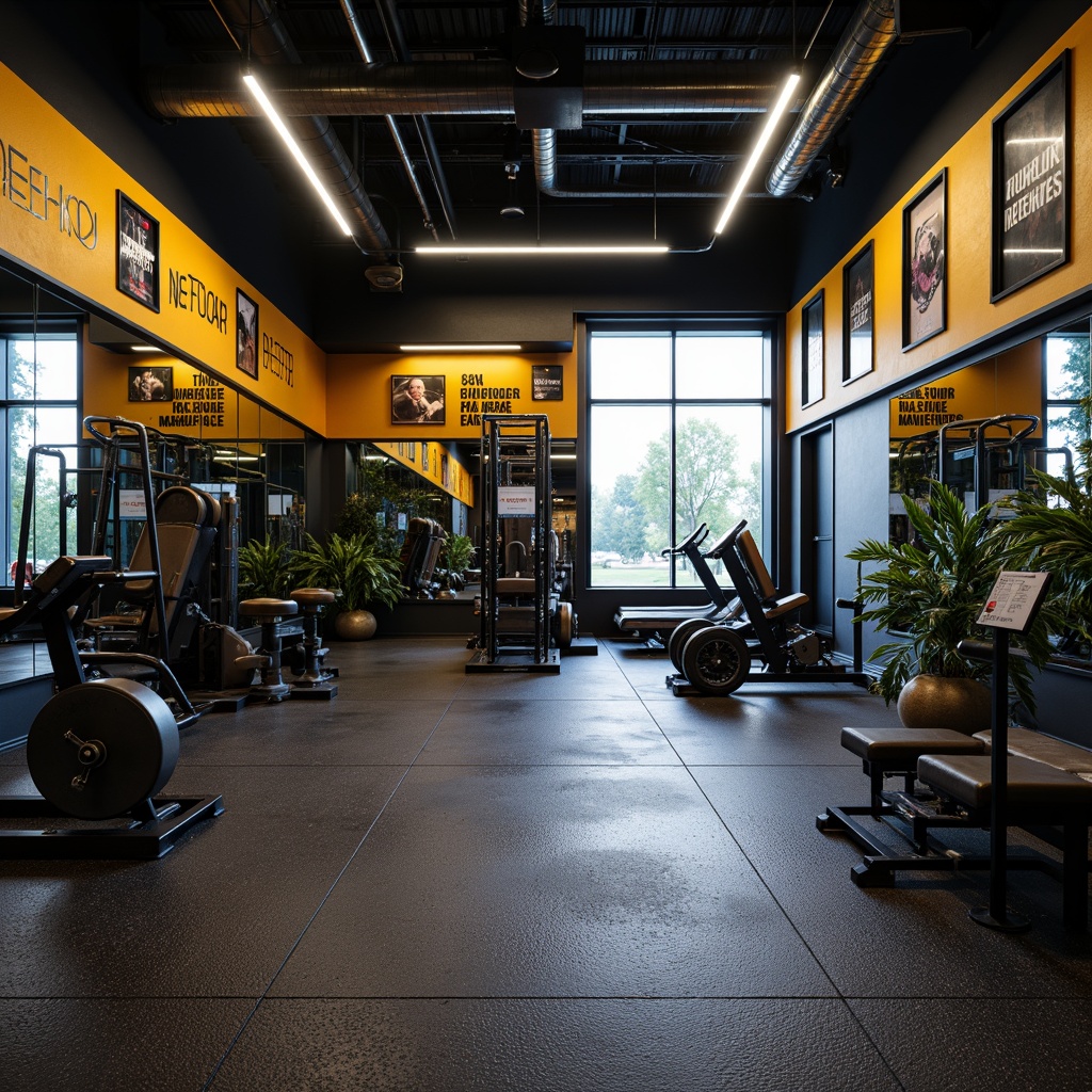 Prompt: Industrial-style home gym, rubber flooring, textured surface, shock-absorbing material, durable construction, heavy-duty exercise equipment, mirrored walls, high ceilings, motivational quotes, energetic color scheme, spot lighting, 3/4 composition, shallow depth of field, realistic textures, ambient occlusion.