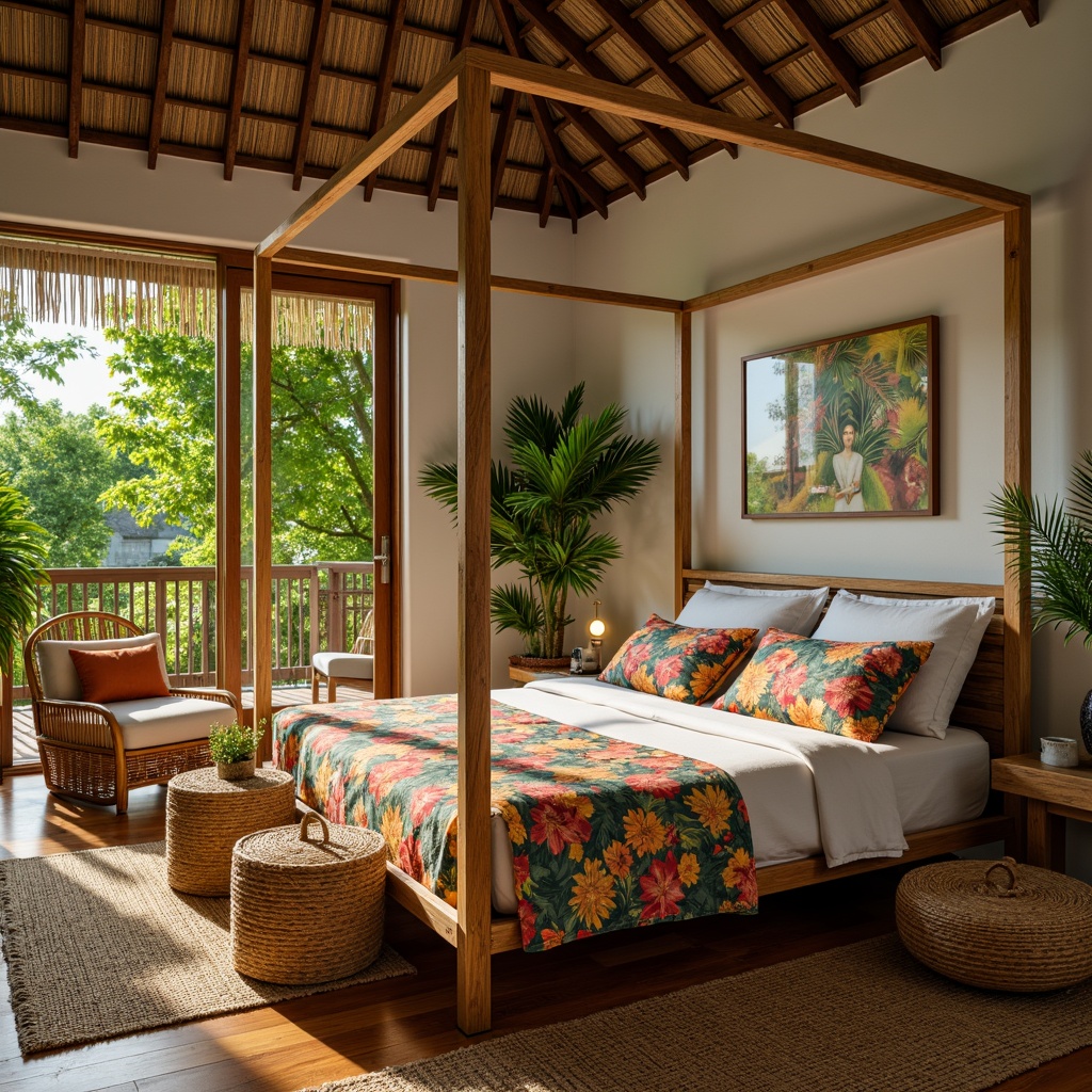 Prompt: Tropical bedroom, wooden four-poster bed, natural woven fibers, rattan furniture, vibrant greenery, palm fronds, colorful floral patterns, distressed wood accents, bamboo blinds, jute rugs, woven baskets, natural linen fabrics, warm golden lighting, shallow depth of field, 1/2 composition, soft focus effect, realistic textures, ambient occlusion.