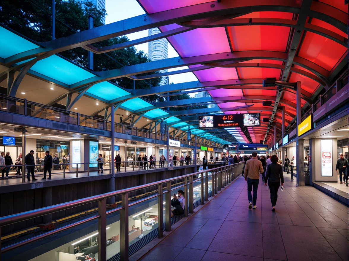 Prompt: Vibrant metro station, bold color accents, futuristic architecture, sleek metal beams, neon lights, dynamic signage, urban cityscape, busy commuter traffic, modern pedestrian bridges, escalator systems, LED displays, geometric patterns, industrial materials, stainless steel finishes, glass ceilings, natural stone floors, warm ambient lighting, shallow depth of field, 2/3 composition, realistic textures, atmospheric effects.