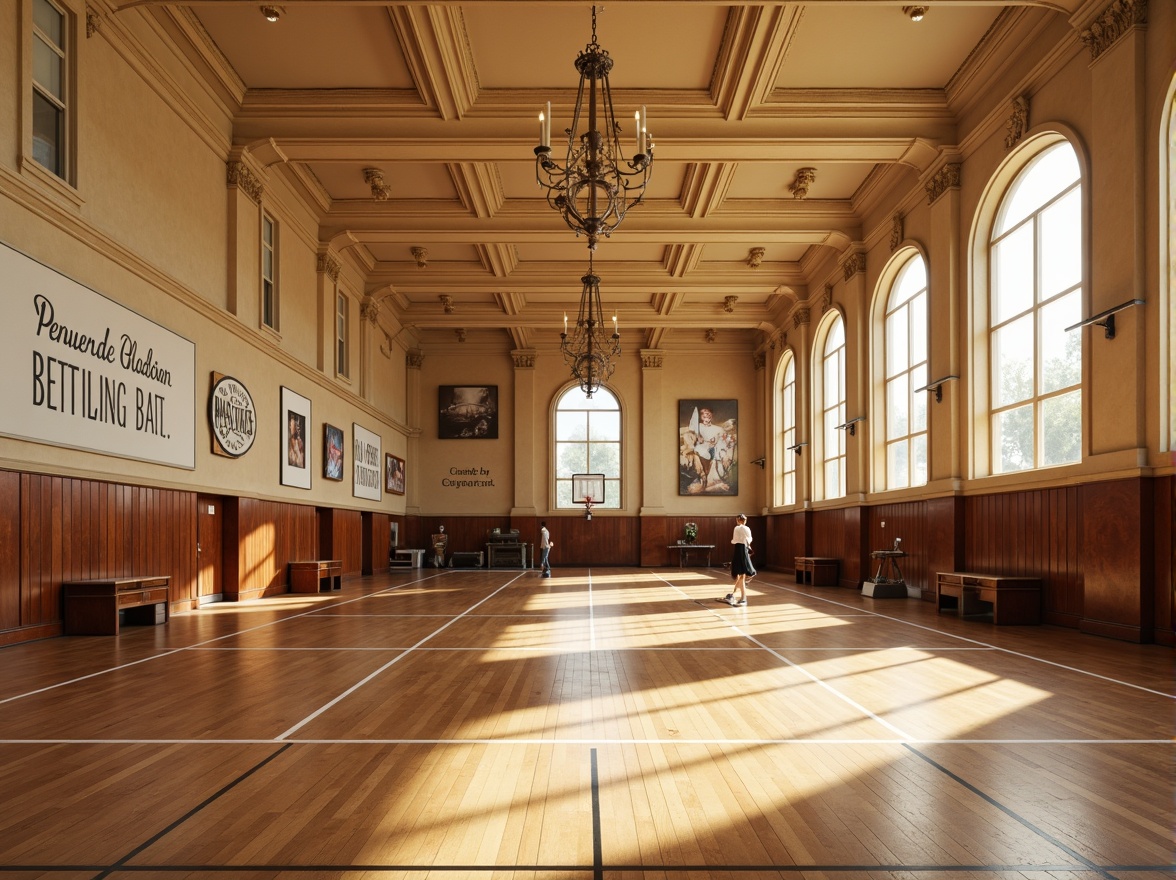 Prompt: Rich wood tones, warm beige walls, cream-colored columns, ornate plaster ceilings, grand chandeliers, polished marble floors, athletic track lines, sports equipment, motivational quotes, inspirational banners, vintage gymnasium aesthetic, nostalgic feel, softbox lighting, 1/2 composition, atmospheric perspective, detailed textures, realistic reflections.