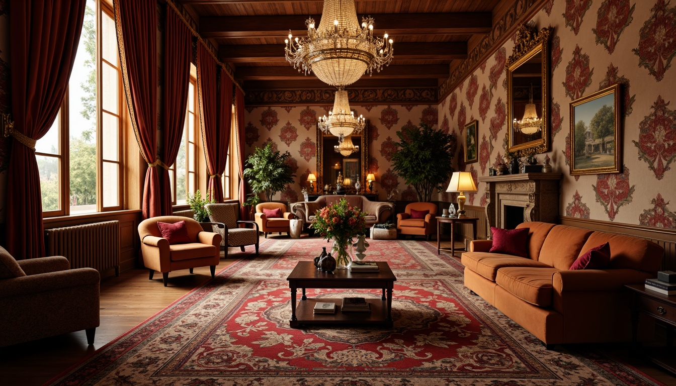 Prompt: Luxurious velvet drapes, intricately patterned rugs, richly upholstered armchairs, ornate wooden furniture, carved mahogany panels, lavish silk fabrics, heavily fringed tapestries, gilded mirrors, crystal chandeliers, opulent damask wallcoverings, intricate floral motifs, warm golden lighting, soft focus blur, 1/2 composition, shallow depth of field, realistic textures, ambient occlusion.