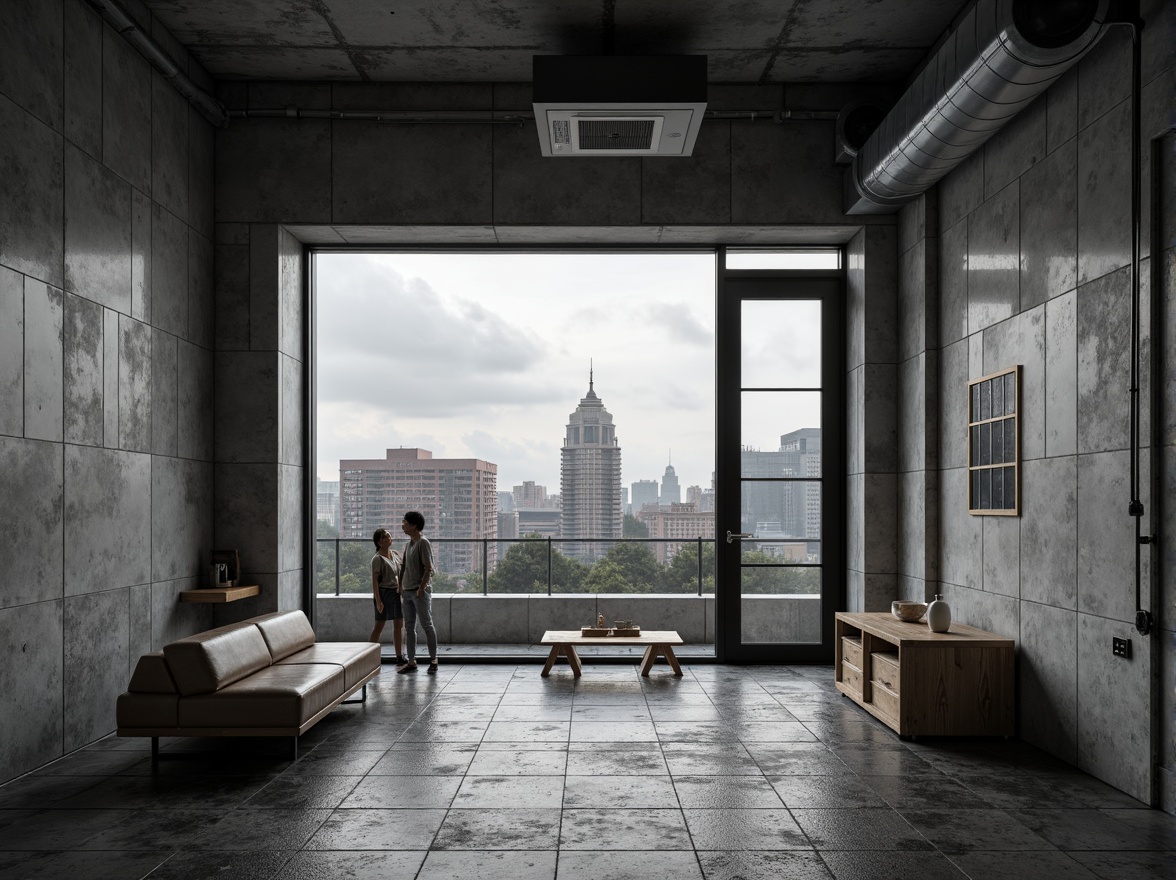 Prompt: Monochromatic brutalist interior, raw concrete walls, exposed ductwork, industrial metal beams, minimalist furniture, cold grey tones, weathered stone flooring, distressed wood accents, urban cityscape views, overcast skies, dramatic shadows, high-contrast lighting, cinematic composition, gritty textures, realistic ambient occlusion.