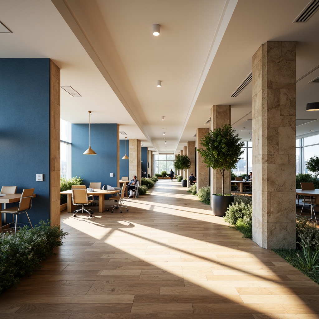 Prompt: Neutral beige walls, polished wooden floors, calming blue accents, natural stone columns, minimalist metallic furniture, sleek glass partitions, abundant greenery, airy open spaces, collaborative workstations, ergonomic chairs, soft warm lighting, subtle gradient effects, shallow depth of field, 2/3 composition, realistic textures, ambient occlusion.