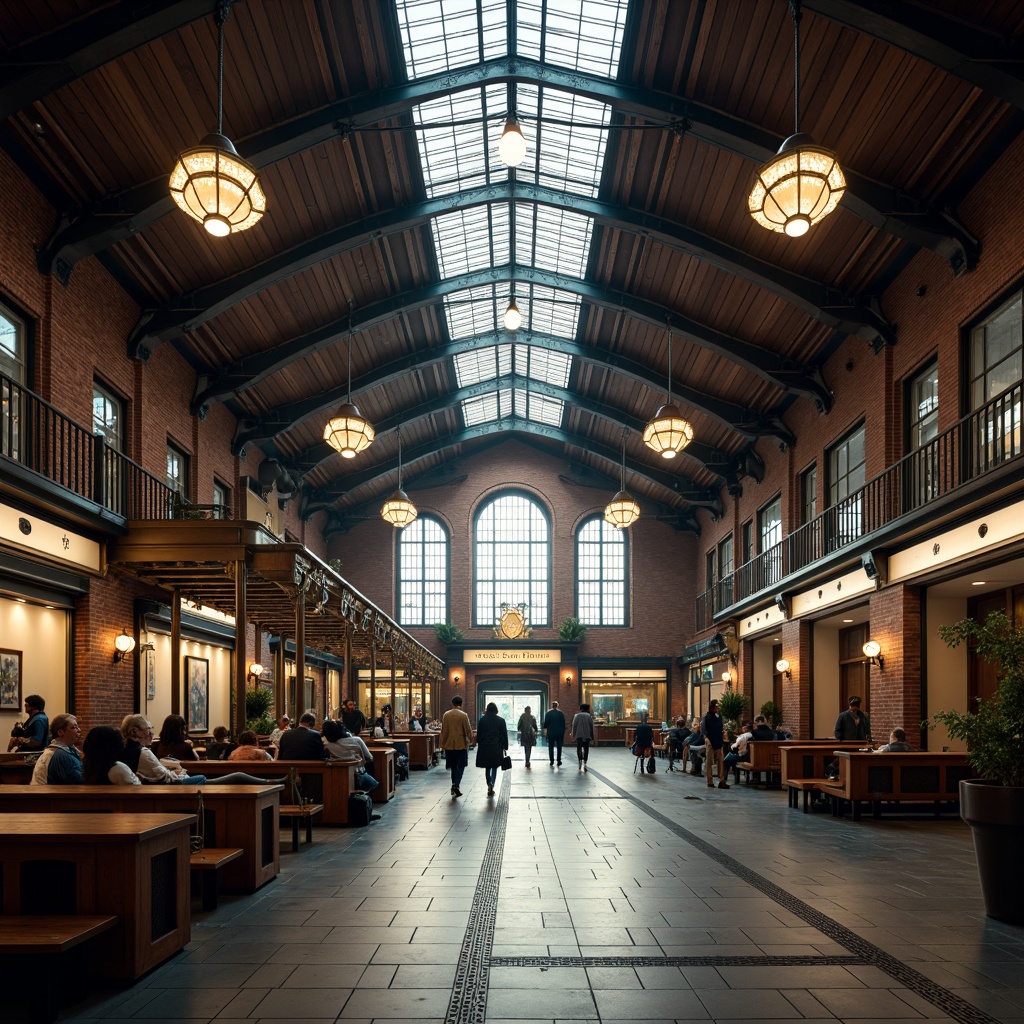 Prompt: Grandiose train station, high-arched ceilings, elegant chandeliers, ornate metalwork, vintage luggage racks, wooden benches, classic clock towers, stained glass windows, intricate tile patterns, industrial-style lighting fixtures, exposed brick walls, modern steel beams, bright natural light, warm ambient glow, dramatic spotlights, symmetrical composition, shallow depth of field, 2/3 perspective, realistic textures, subtle camera movements.