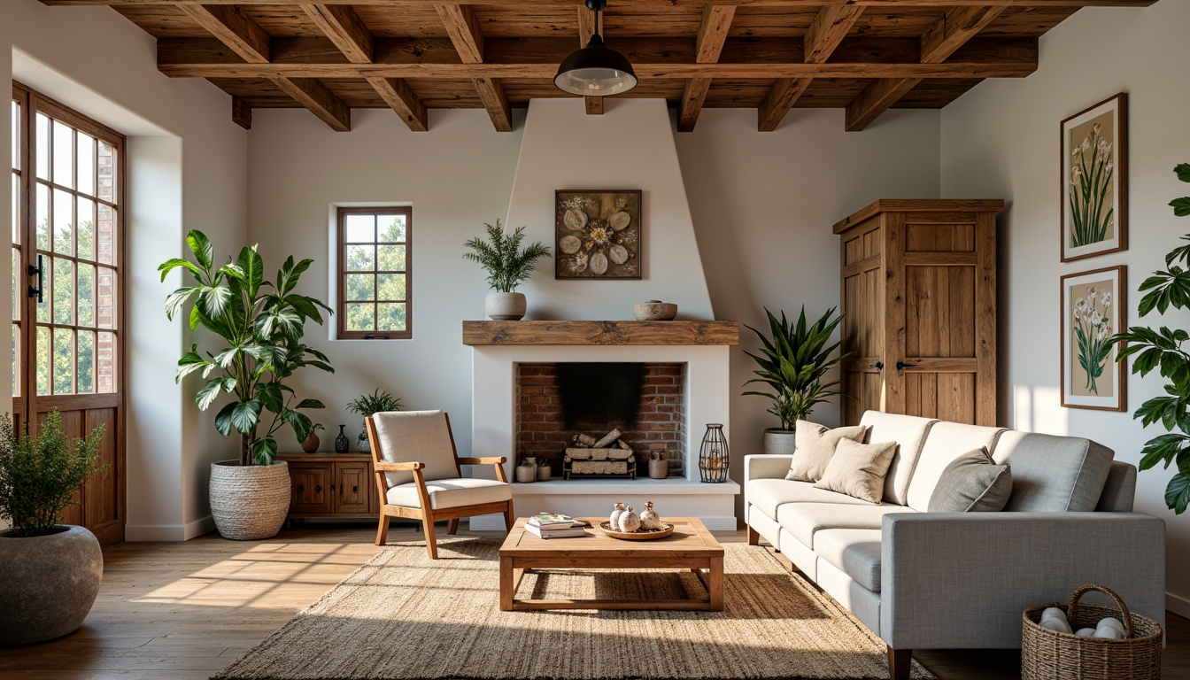 Prompt: Rustic farmhouse interior, reclaimed wood accents, natural stone walls, earthy color palette, woven jute rugs, linen upholstery, vintage metal decor, distressed wooden beams, exposed brick fireplace, potted greenery, botanical prints, warm soft lighting, shallow depth of field, 2/3 composition, cozy atmosphere, organic textures, ambient occlusion.