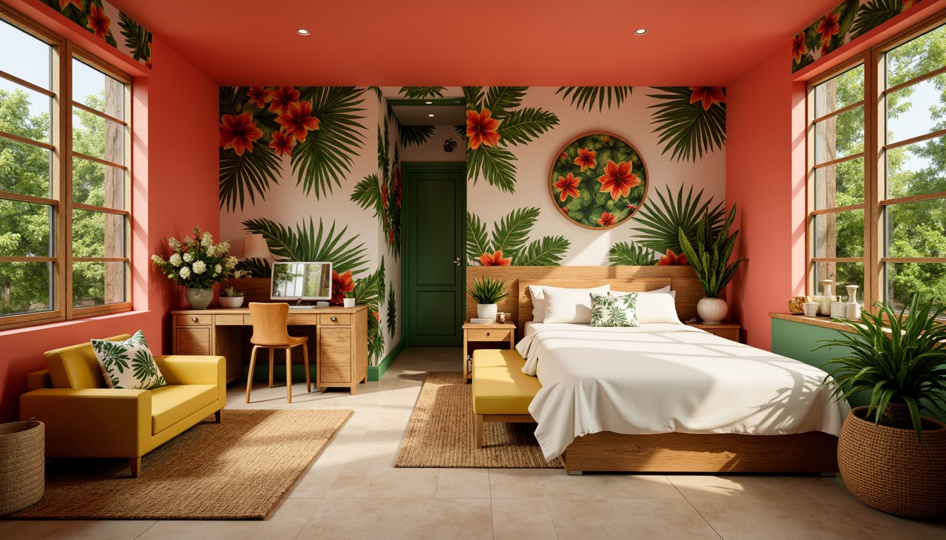 Prompt: Vibrant tropical dorm, bright coral walls, lush green accents, warm sandy beige floors, natural wood furniture, exotic floral patterns, bold yellow and orange hues, soft pink undertones, palm tree-inspired decor, woven rattan textiles, creamy white bedding, sunny afternoon lighting, shallow depth of field, 1/2 composition, cozy intimate atmosphere, realistic textures, ambient occlusion.