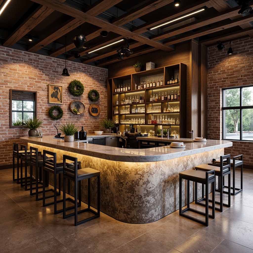 Prompt: Modern bar counter design, terrazzo material, glossy finish, earthy tones, organic patterns, sleek metal frames, minimalist stools, industrial chic decor, exposed brick walls, reclaimed wood accents, dimmable pendant lights, warm ambiance, soft shadows, 1/1 composition, shallow depth of field, realistic textures, ambient occlusion.