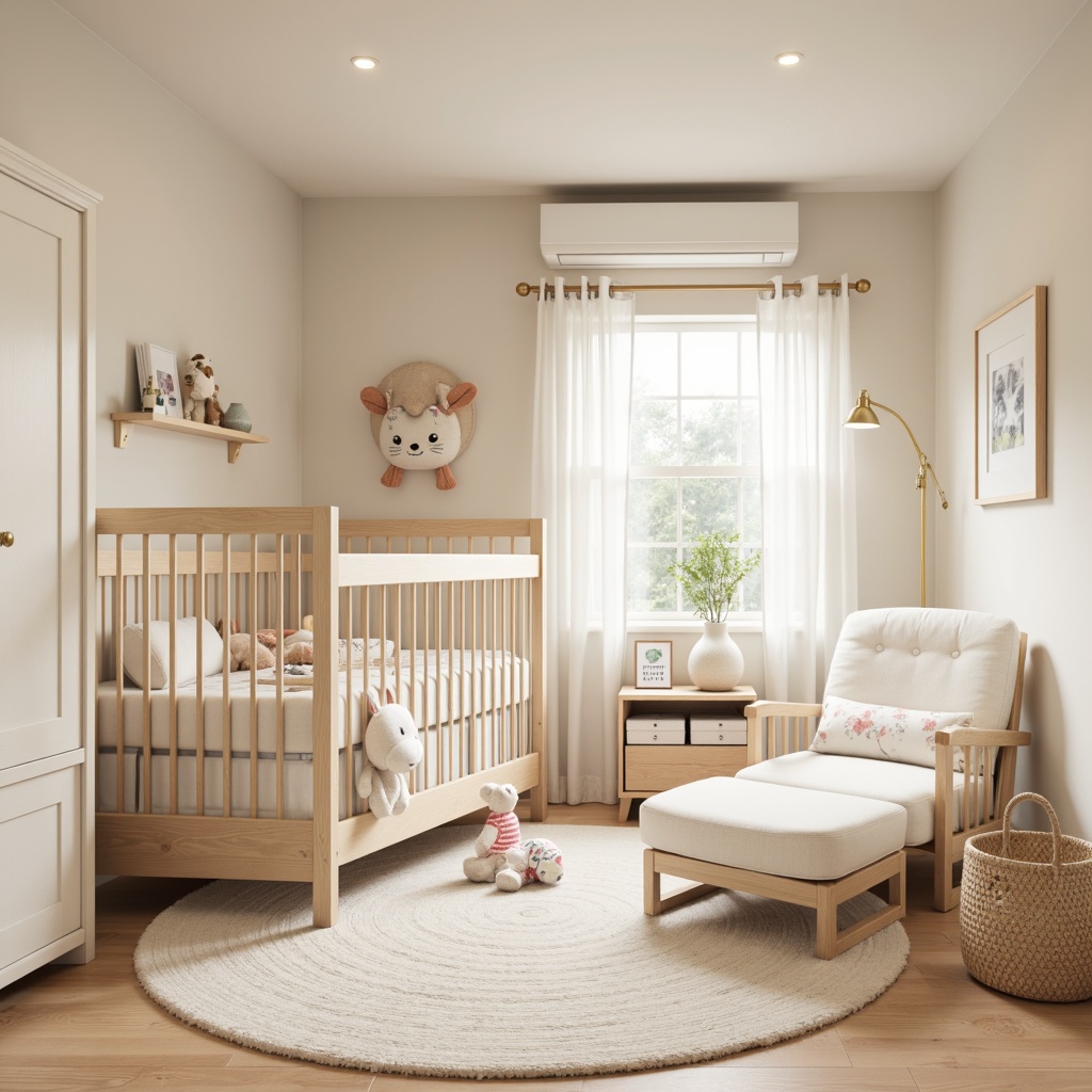 Prompt: Soft pastel colors, baby-friendly furniture, plush toys, gentle lighting, soothing music, baby monitor, safety gates, secure cabinets, non-slip flooring, rounded edges, soft-close drawers, outlet covers, padded corners, breathable crib mattress, stable changing table, ergonomic glider, cozy reading nook, natural wood accents, calming atmosphere, warm beige tones, creamy whites, gentle textures, shallow depth of field, 1/1 composition, realistic rendering, ambient occlusion.