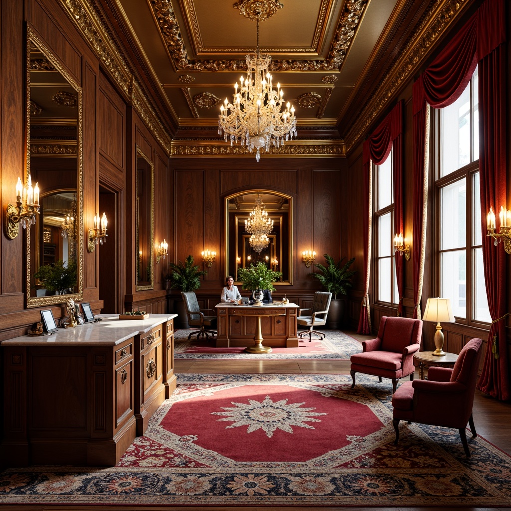 Prompt: Ornate office interior, rich velvet fabrics, gilded carvings, intricately patterned rugs, Baroque-inspired furniture legs, opulent chandeliers, carved wooden paneling, luxurious marble countertops, ornamental mirrors, lavish drapery, grandiose ceiling moldings, exquisite golden accents, refined ergonomic chairs, stately executive desks, majestic conference tables, elegant wall sconces, warm soft lighting, shallow depth of field, 1/1 composition, realistic textures, ambient occlusion.