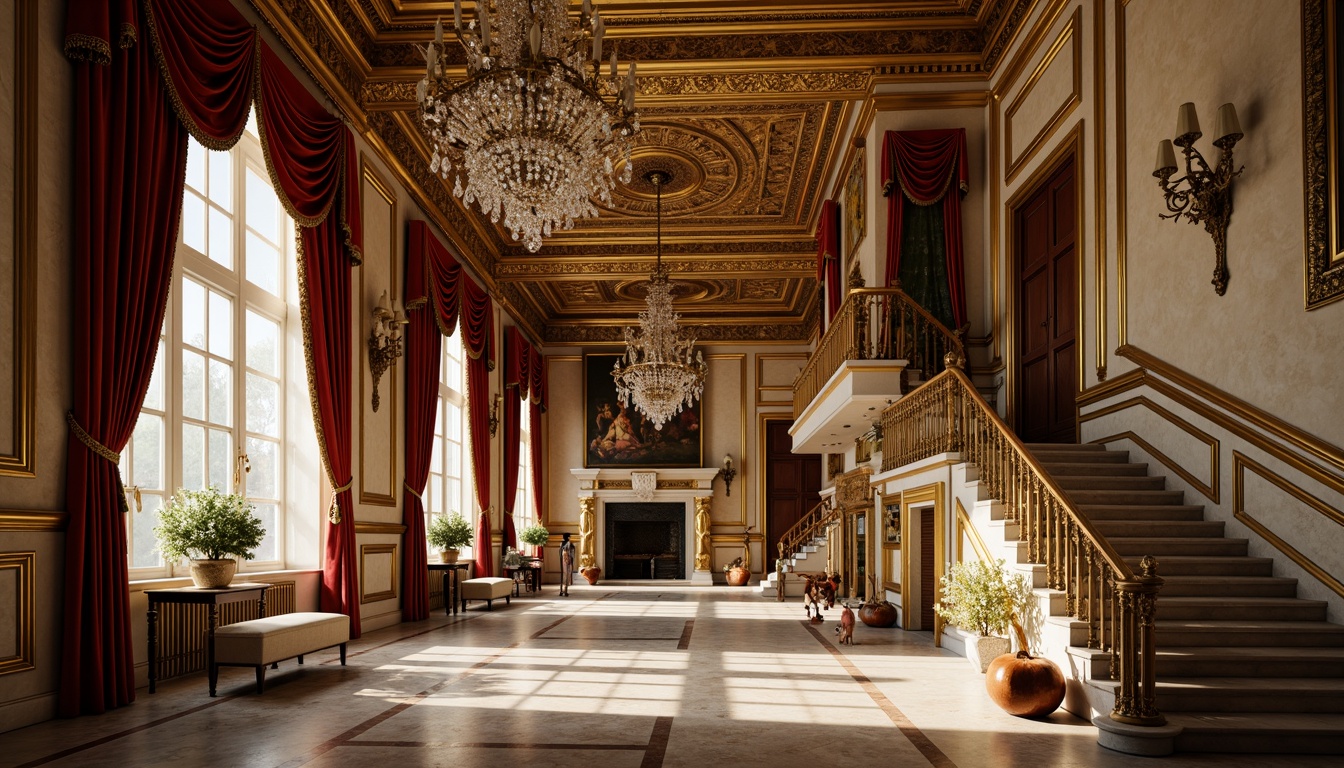 Prompt: Ornate palace interior, richly decorated walls, golden accents, intricate carvings, ornamental moldings, luxurious fabrics, velvet drapes, crystal chandeliers, marble floors, high ceilings, grand staircases, dramatic lighting, warm color palette, soft focus, shallow depth of field, 1/2 composition, realistic textures, ambient occlusion.