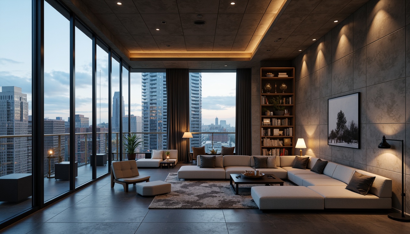 Prompt: Luxurious penthouse, high-rise building, urban skyline views, floor-to-ceiling windows, modern minimalist interior design, textured walls, exposed concrete, industrial chic aesthetic, metallic accents, sleek lines, monochromatic color scheme, ambient warm lighting, cozy reading nooks, plush area rugs, comfortable sectional sofas, abstract artwork, geometric patterns, natural stone flooring, cityscape views, dramatic evening illumination, cinematic composition, shallow depth of field.