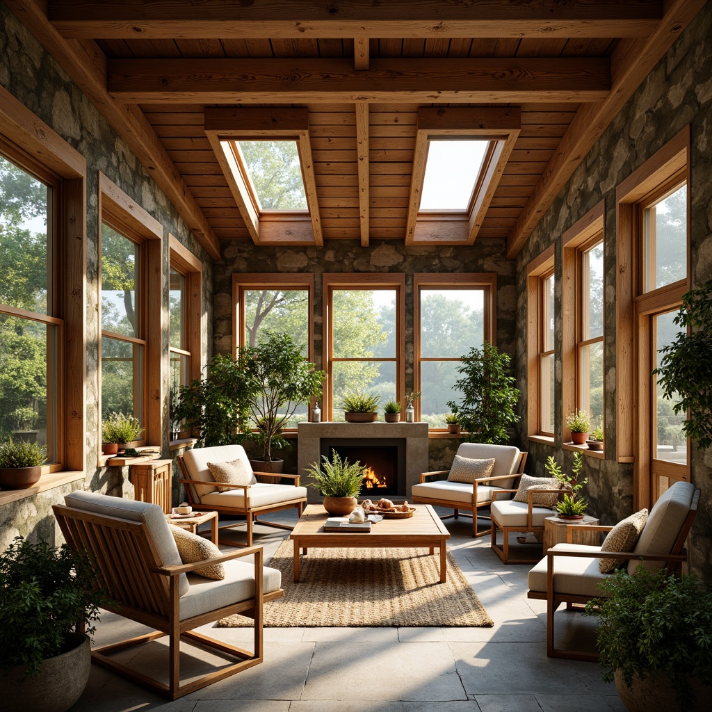 Prompt: Rustic sunroom, wooden beams, stone walls, earthy tones, natural light pouring in, large windows, glass doors, skylights, clerestory windows, cozy nooks, plush furnishings, woven textiles, organic patterns, reclaimed wood accents, potted greenery, lush plants, warm atmosphere, soft golden lighting, shallow depth of field, 1/1 composition, intimate setting, serene ambiance.