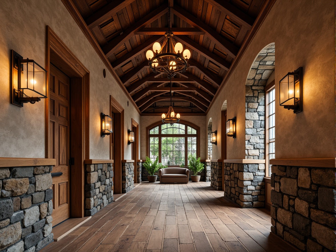 Prompt: Rustic wooden accents, natural stone foundations, earthy color palette, exposed beams, wooden trusses, copper roofing, decorative metalwork, ornate hinges, vintage hardware, distressed finishes, reclaimed wood planks, artisanal craftsmanship, warm ambient lighting, soft shadows, 1/2 composition, shallow depth of field, realistic textures, atmospheric perspective.