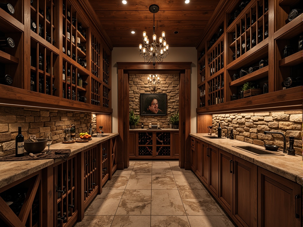 Prompt: Luxurious wine cellar, rich wood paneling, rustic stone walls, dimly lit ambiance, elegant chandeliers, sophisticated wine racks, reclaimed oak flooring, distressed metal accents, earthy color palette, velvety smooth textures, subtle LED lighting, 1/1 composition, intimate setting, warm cozy atmosphere, soft focus blur, high-end finishes, refined modern design, premium materials, sophisticated storage solutions.