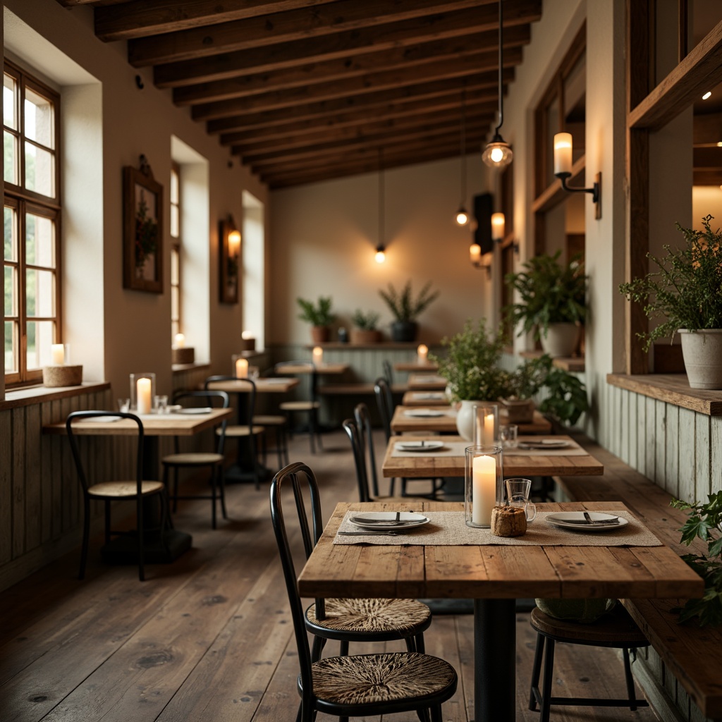 Prompt: Rustic wooden tables, vintage metal chairs, distressed finishes, earthy color palette, natural textiles, woven baskets, potted greenery, candlelight ambiance, warm beige walls, exposed wooden beams, reclaimed wood accents, antique farmhouse decor, soft warm lighting, shallow depth of field, 1/2 composition, intimate atmosphere, realistic wood grains, ambient occlusion.