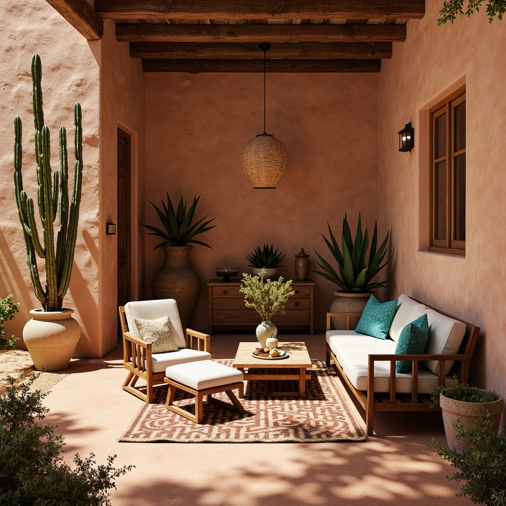 Prompt: Warm adobe walls, earthy terracotta floors, natural woven textiles, rustic wooden furniture, vibrant turquoise accents, geometric patterned rugs, desert botanicals, cactus plants, warm sunny day, soft diffused lighting, shallow depth of field, 3/4 composition, realistic textures, ambient occlusion, Southwestern-inspired motifs, cozy intimate spaces, organic shapes, earthy color palette.