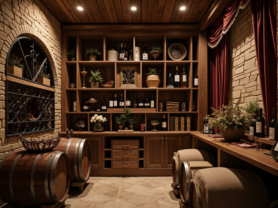 Prompt: Rustic wine cellar, distressed wood shelving, vintage metal racks, ornate wooden cabinets, soft warm lighting, earthy stone walls, reclaimed wood accents, aged brick archways, elegant curved lines, luxurious velvet drapes, rich leather-bound tomes, antique wine barrels, decorative ironwork, dimly lit ambiance, cozy intimate space, 1/2 composition, shallow depth of field, realistic textures.