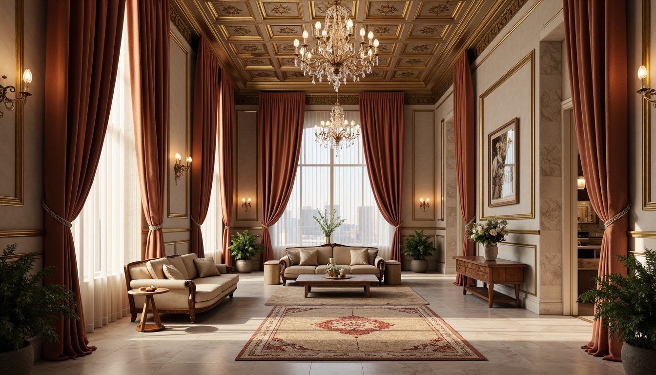 Prompt: Luxurious velvet drapes, ornate golden frames, soft warm candlelight, richly patterned rugs, intricately carved wooden panels, creamy marble surfaces, delicate floral motifs, lavish crystal chandeliers, opulent silk fabrics, heavily ornamented mirrors, subtle Rococo-inspired stencils, textured stone walls, muted pastel hues, dramatic ceiling height, grandiose architectural details, refined French neoclassicism influences.