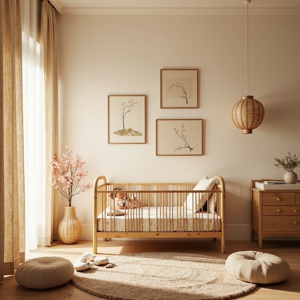 Prompt: Serene baby room, soft warm lighting, gentle Asian-inspired decor, minimal furniture, low-to-ground crib, natural wood tone, woven bamboo crib railings, plush area rug, cream-colored walls, subtle cherry blossom patterns, delicate paper lanterns, warm beige curtains, simple dresser with rounded edges, compact changing station, cozy reading nook, floor cushions in soft silk fabrics, gentle pastel colors, 1/1 composition, shallow depth of field, realistic textures, ambient occlusion.