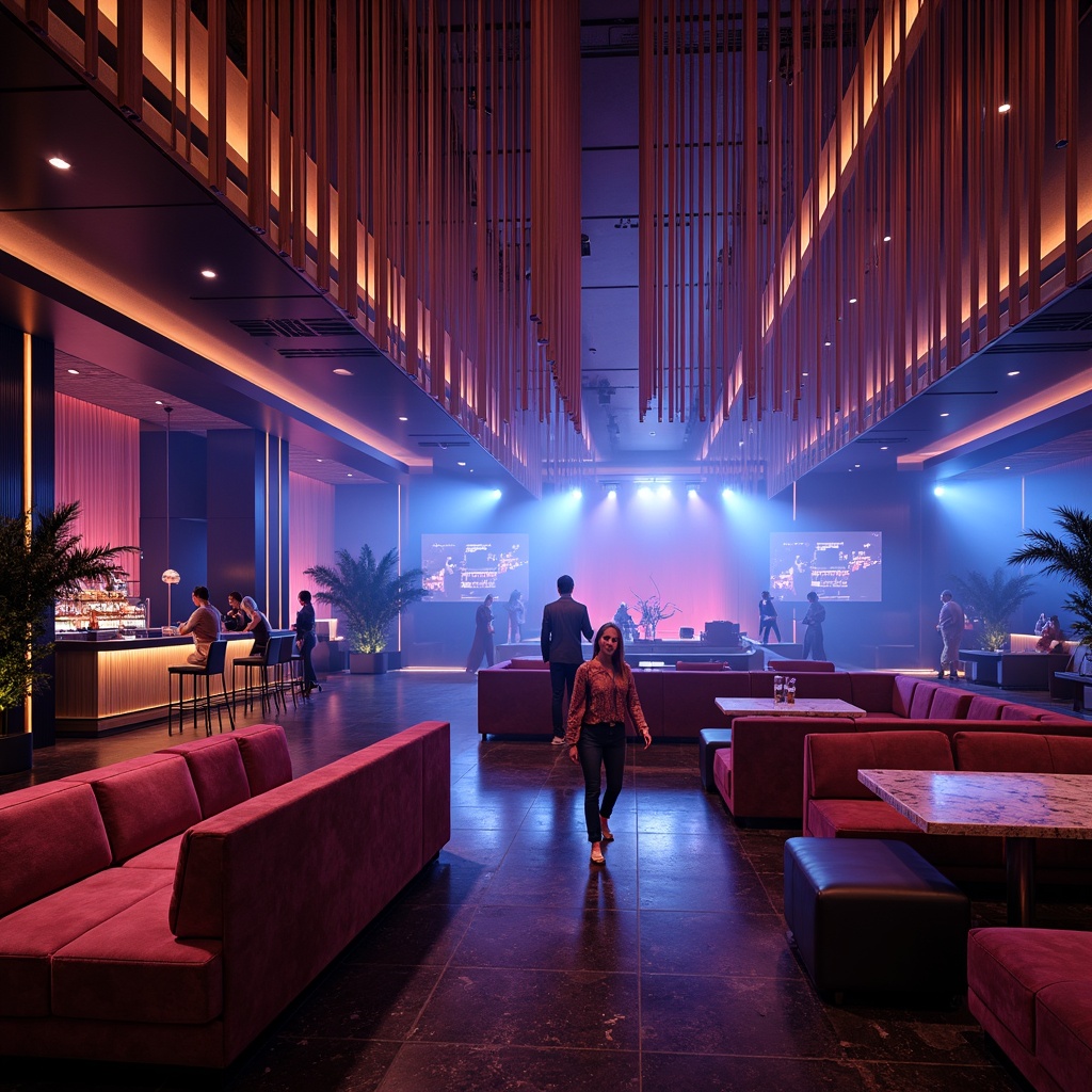 Prompt: Luxurious velvet sofas, sleek metallic chairs, polished marble tables, dimmable LED lighting, fog machines, strobe lights, DJ booths, elevated stages, curved lines, minimalist decor, rich wood accents, lavish fabric draping, chic cocktail bars, glamorous chandeliers, spacious dance floors, futuristic audio systems, misty atmospheric effects, 1/1 composition, shallow depth of field, soft focus blur, vibrant neon colors, energetic nightlife ambiance.