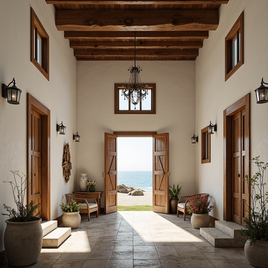 Prompt: Serene coastal landscape, gentle ocean breeze, soft sandy beach, driftwood accents, whitewashed stone walls, rustic wooden doors, stained glass windows, vaulted ceilings, ornate chandeliers, warm golden lighting, subtle shadows, 1/1 composition, symmetrical architecture, grand entrance, sweeping arches, delicate frescoes, calming color palette, weathered wood textures, ambient occlusion.