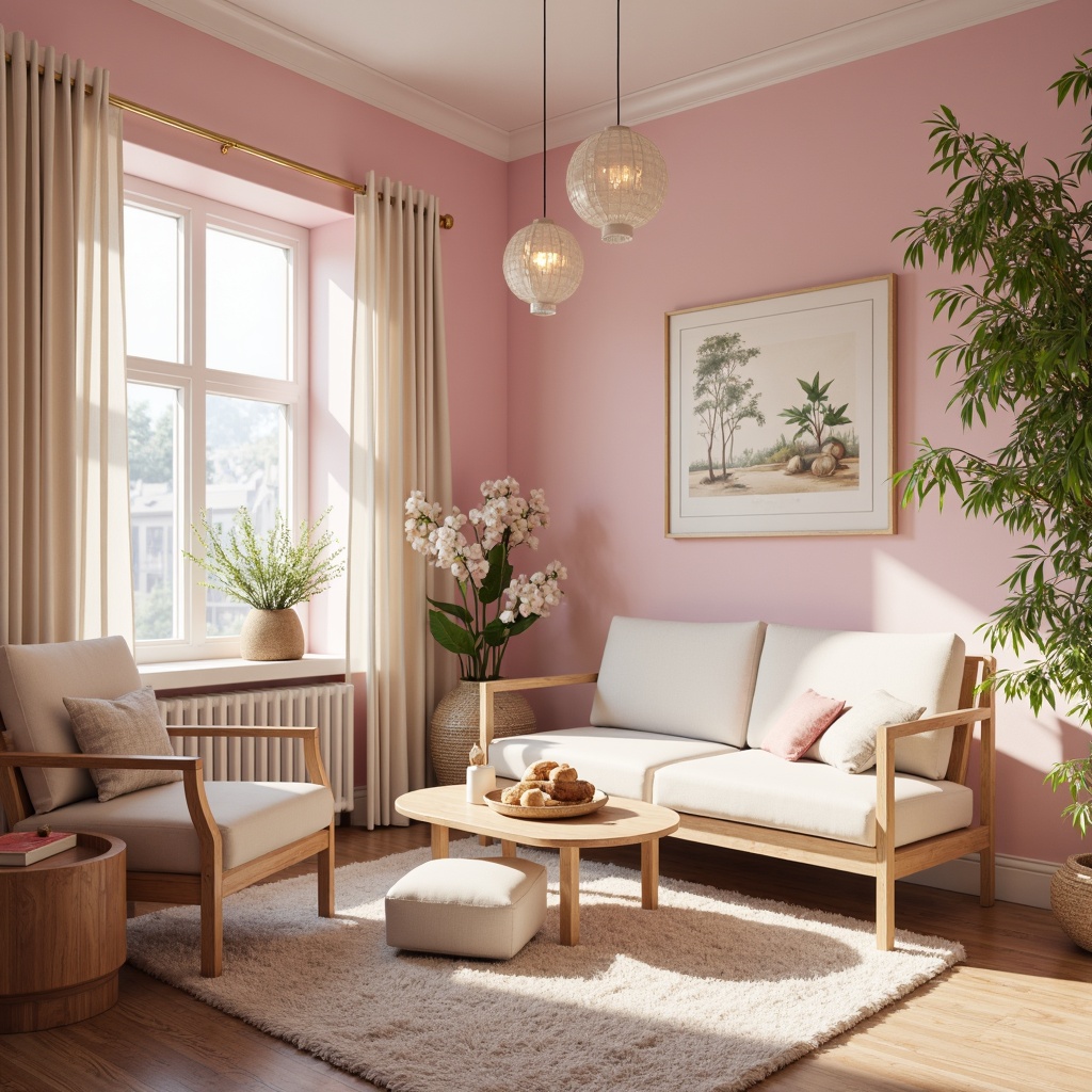 Prompt: Soft cherry blossom pink walls, creamy white furniture, natural wood accents, subtle gold hardware, delicate paper lanterns, gentle silk drapes, plush shag rug, serene Asian-inspired artwork, gentle bamboo plants, warm sunny day, soft diffused lighting, shallow depth of field, 1/1 composition, intimate cozy atmosphere, realistic textures, ambient occlusion.