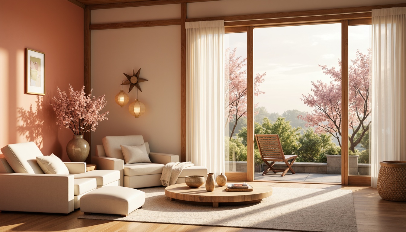 Prompt: Soft peach walls, gentle cherry blossom accents, creamy white furniture, natural wood tones, woven bamboo textures, subtle silk fabrics, delicate paper lanterns, serene Japanese-inspired garden views, warm golden lighting, shallow depth of field, 1/1 composition, realistic fabric simulations, ambient occlusion.