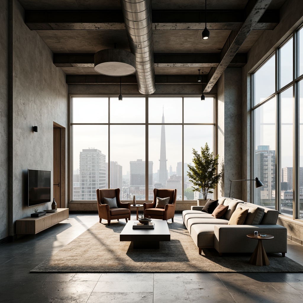 Prompt: Minimalist living space, open floor plan, industrial chic decor, large windows, natural light, polished concrete floors, geometric shapes, functional furniture, monochromatic color scheme, steel beams, exposed ductwork, urban loft atmosphere, modern cityscape views, warm afternoon lighting, shallow depth of field, 1/1 composition, symmetrical framing, high contrast ratio, abstract textures, ambient occlusion.