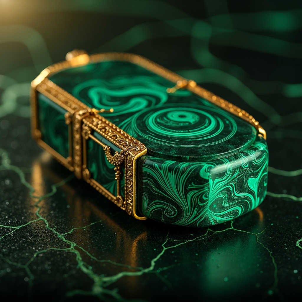 Prompt: Rich malachite gemstone, emerald green hue, iridescent sheen, swirling patterns, luxurious velvet texture, mysterious ancient artifact, ornate gold accents, lavish jewel tones, regal opulence, vibrant turquoise highlights, warm golden lighting, shallow depth of field, 2/3 composition, realistic reflections, ambient occlusion.