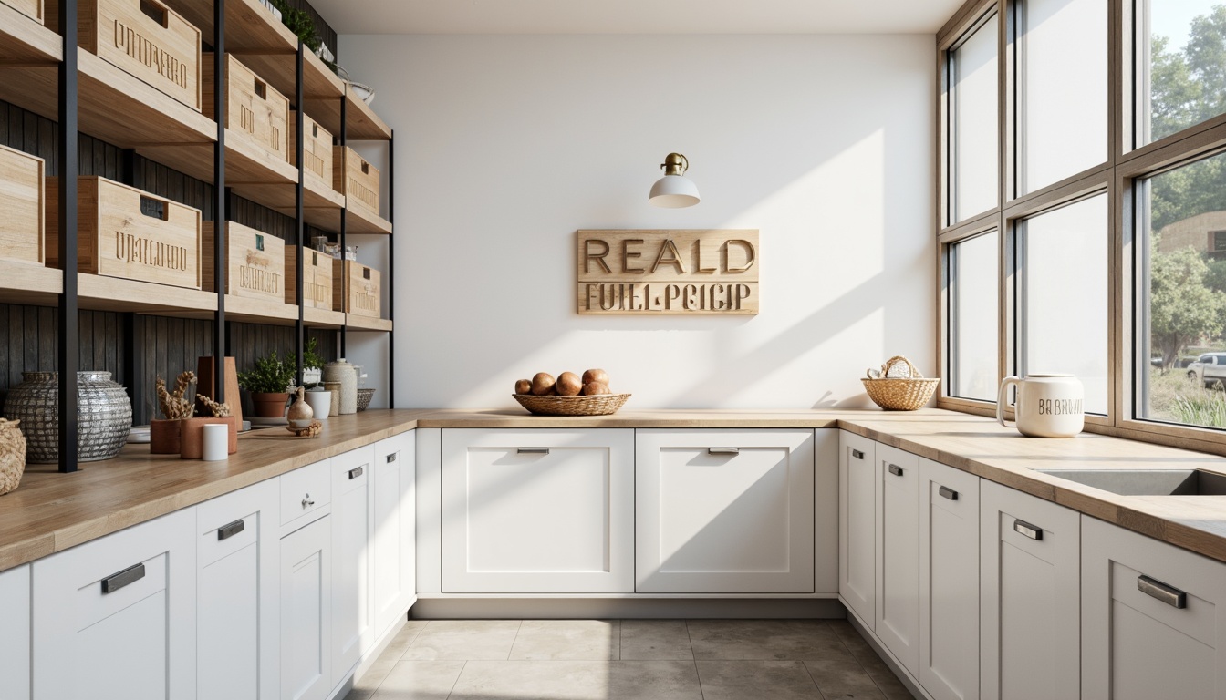 Prompt: Simple pantry interior, industrial chic aesthetic, clean lines, minimal ornamentation, functional shelving units, wooden crates, metal cabinets, handle-less doors, matte white finishes, bold typography, geometric shapes, recessed lighting, soft shadows, 1/1 composition, still life photography, realistic textures, ambient occlusion.